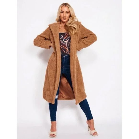 Brown Long Sleeve Hooded Hoodie Long Maxi Borg Teddy Bear Fur Coat - Picture 4 of 15